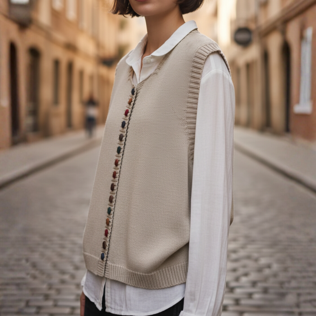 Gilet da donna a maglia in acrilico e lana con bottoni colorati
