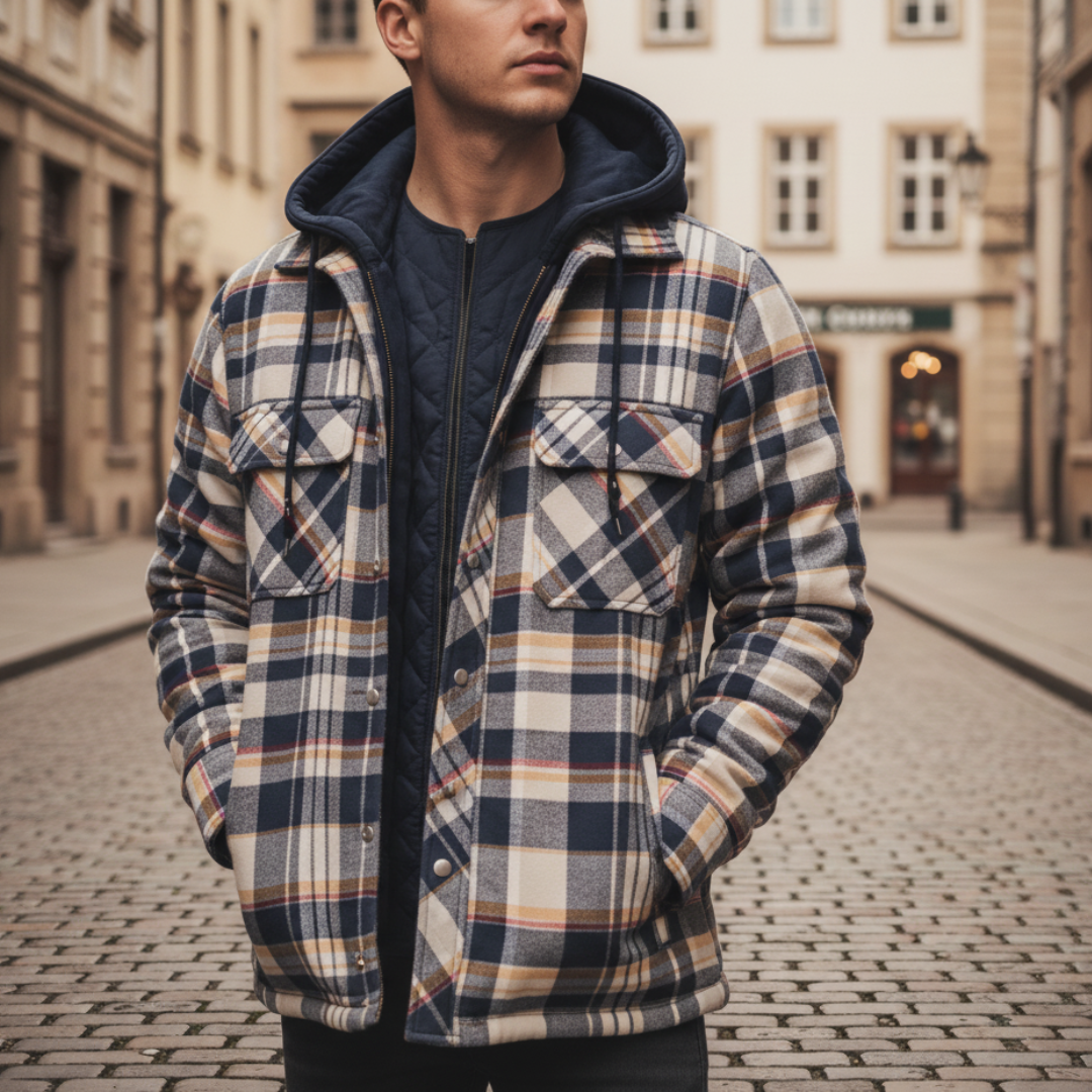 Men's Flannel Jacket with Hood and Zipper