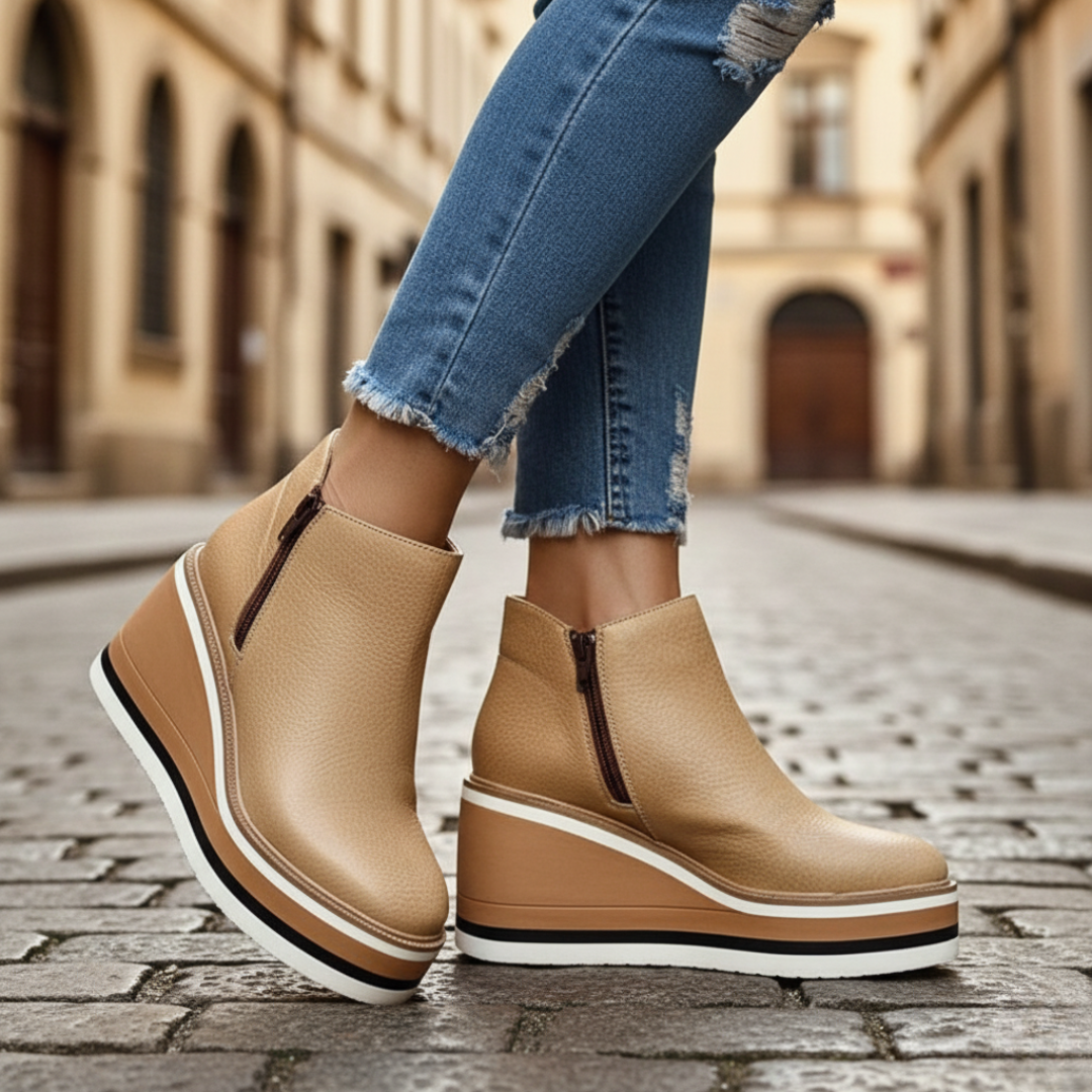 Women's Faux Leather Ankle Boots with Zip and Wedge Heel