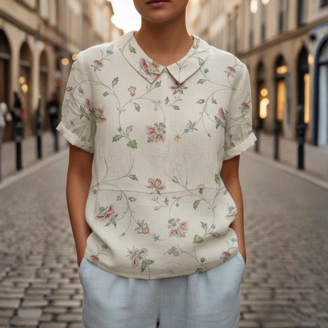 Embroidered Floral Short Sleeve Blouse with Peter Pan Collar for Women
