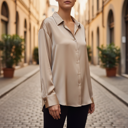 Shiny Satin Button-Up Shirt for Women