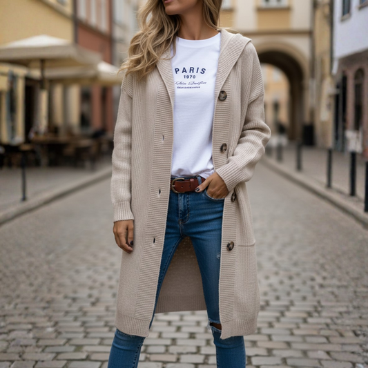 Long Women's Knit Cardigan with Hood