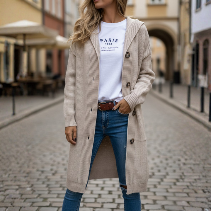 Cardigan lungo lavorato a maglia da donna con cappuccio