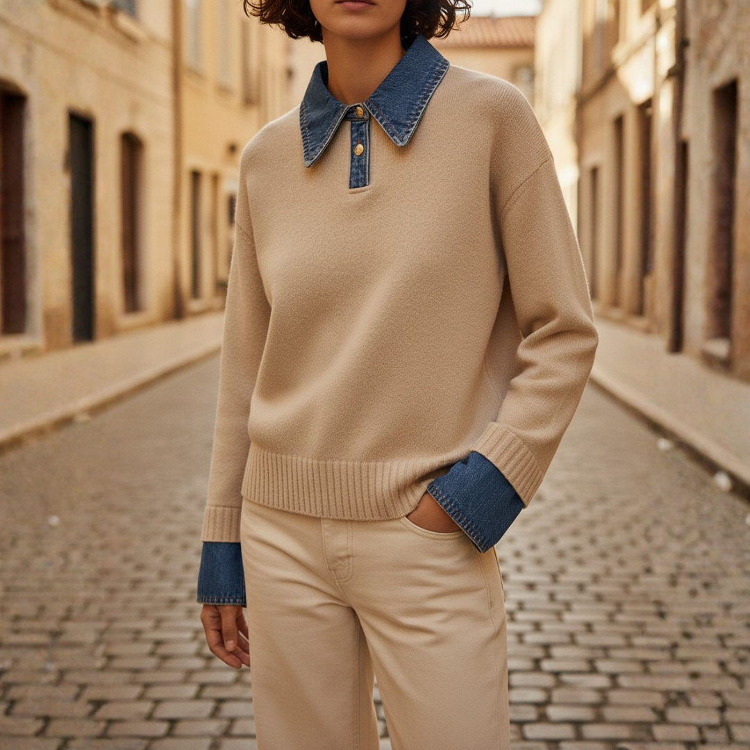 Women's Sweater with Denim Collar