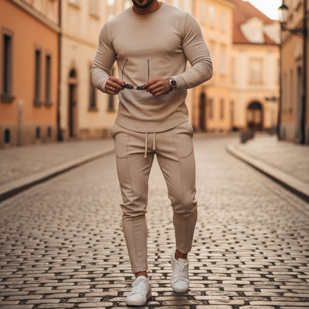 Men's Knit Coordinated Set with Slim Pants and Crew Neck Sweatshirt