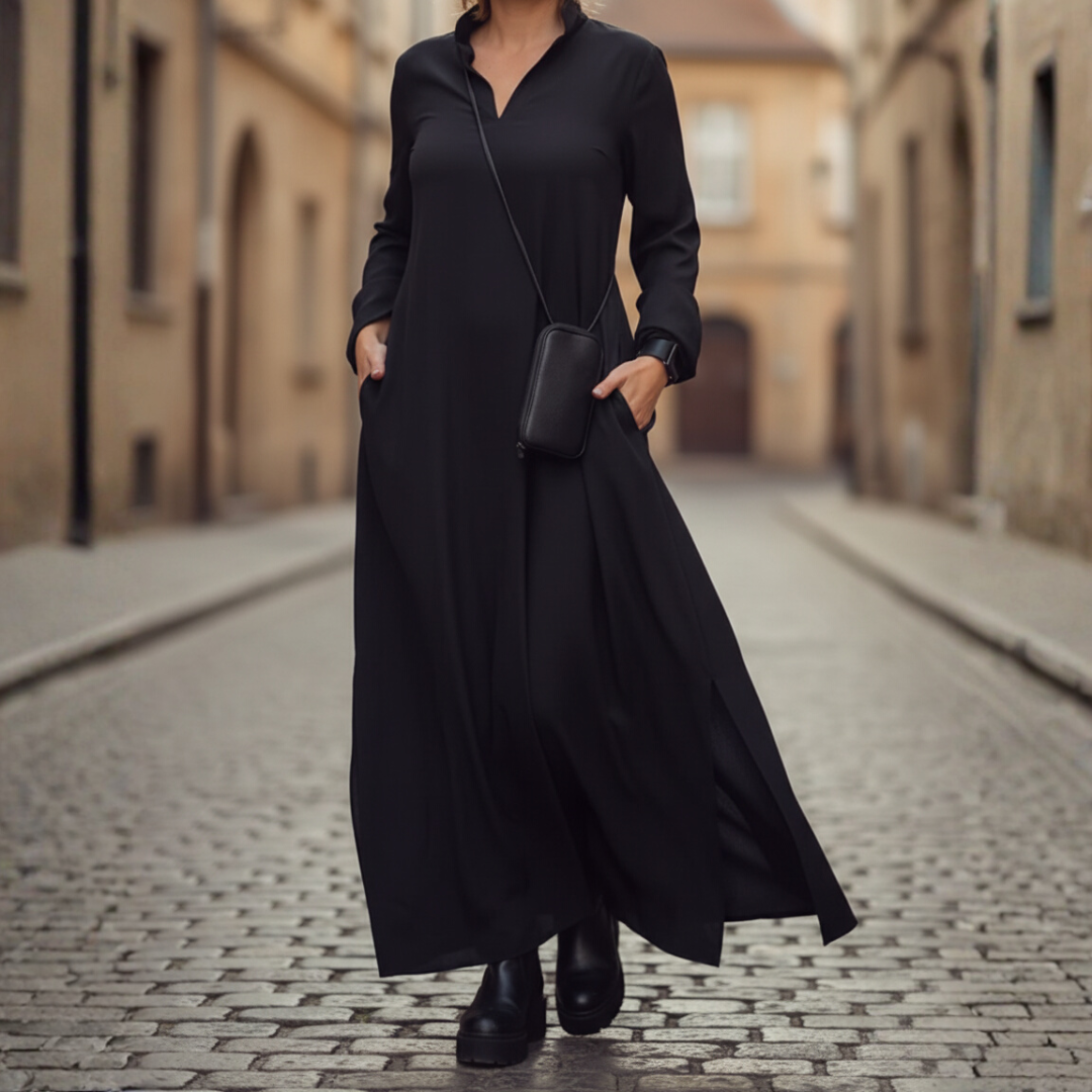 Long Women's Dress with High Collar and Pockets