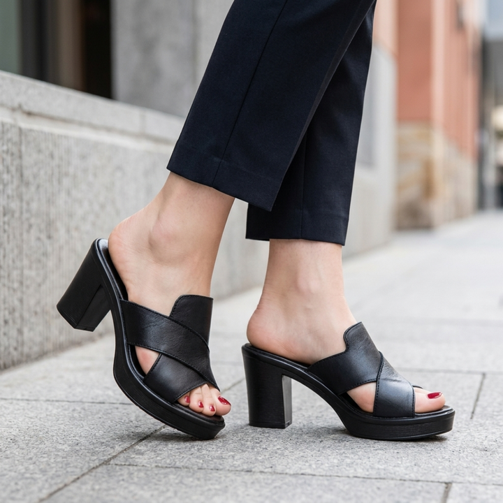 Sandali ortopedici da donna con tacco largo, plateau e cinturini incrociati, mules