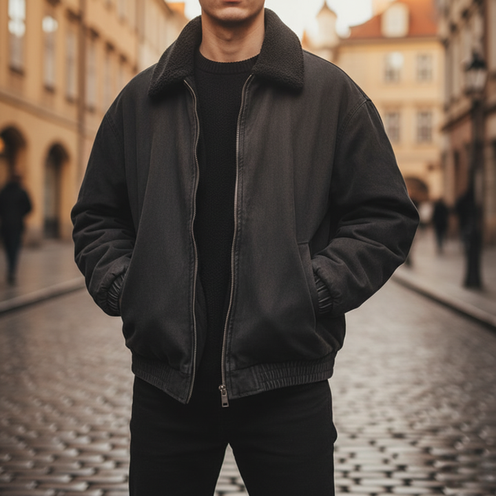 Men's Lined Bomber Jacket in Mixed Fabric with Full Zip