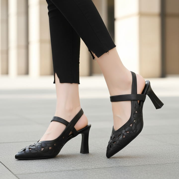 Décolleté slingback da donna con punta appuntita, motivo floreale, tacco largo traforato