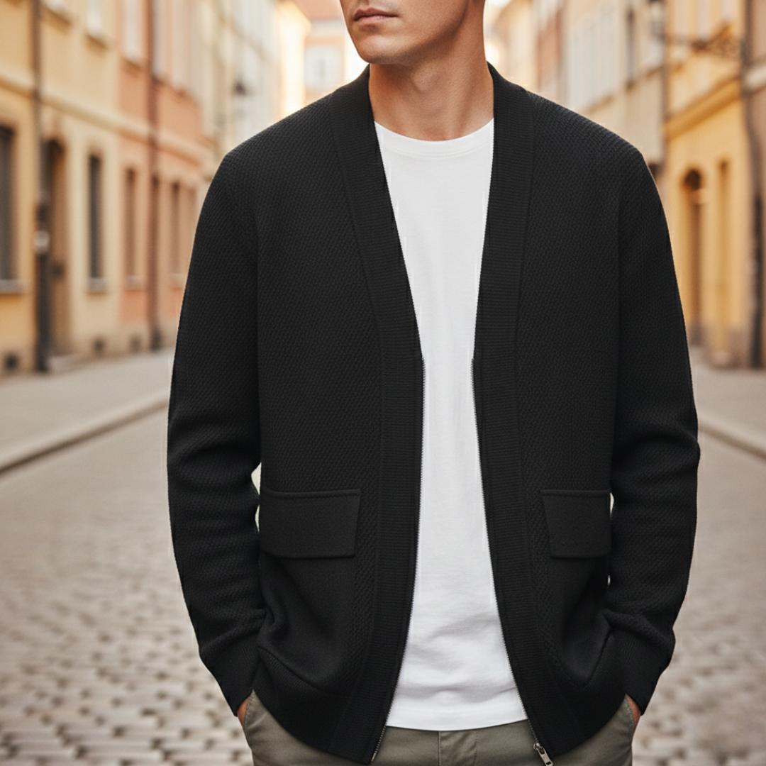 Cashmere Cardigan with Zipper, Woven Knit, Men's Pockets