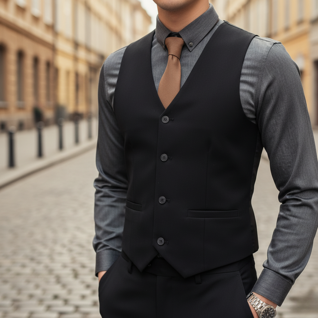 Men's Slim Fit Stretch Fabric Waistcoat with V-Neck and Buttons