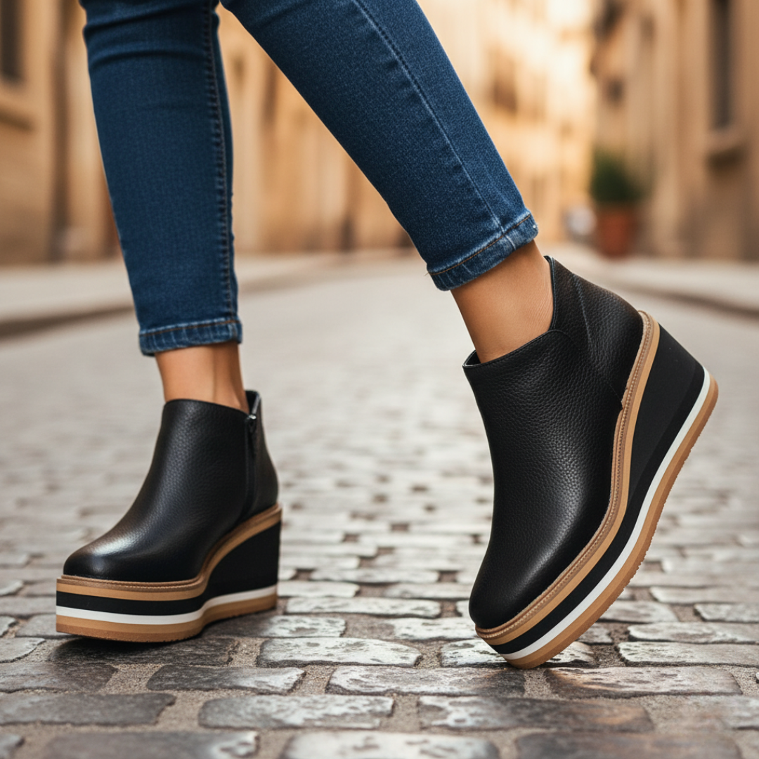 Women's Faux Leather Ankle Boots with Zip and Wedge Heel
