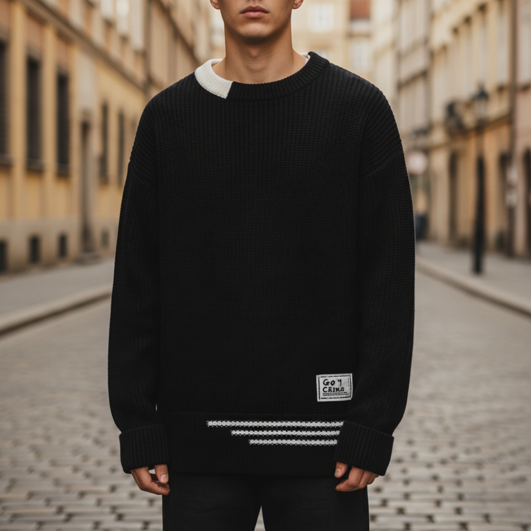 Men's Oversized Winter Sweater Thick Knit with Stripe Details
