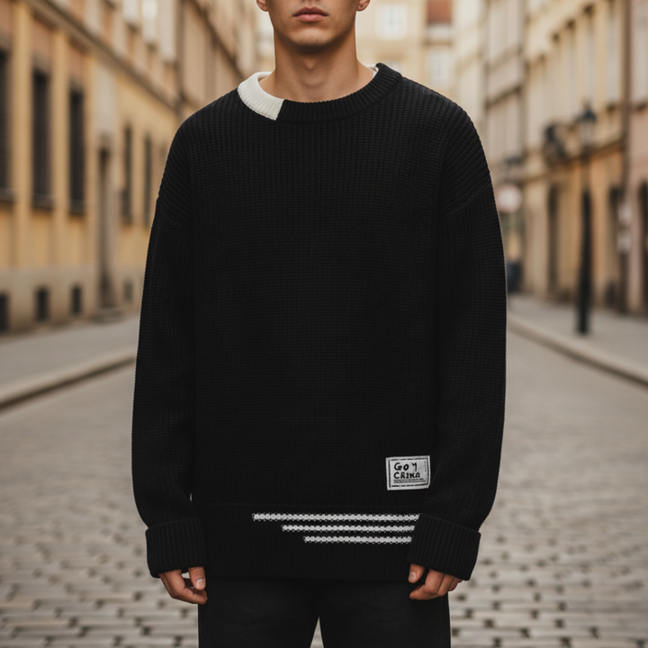 Men's Oversized Winter Sweater Thick Knit with Stripe Details