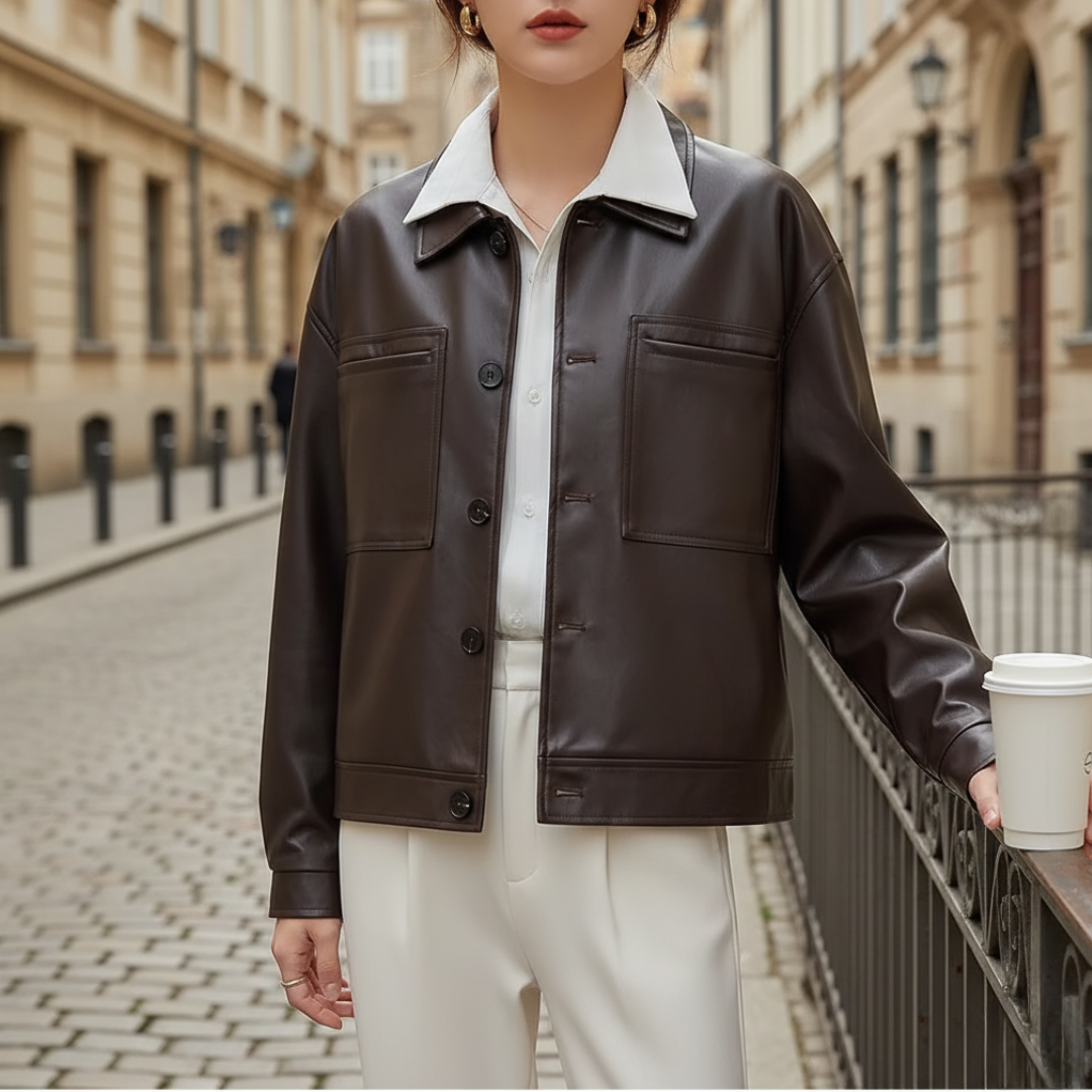 Women's Synthetic Leather Jacket with Buttons