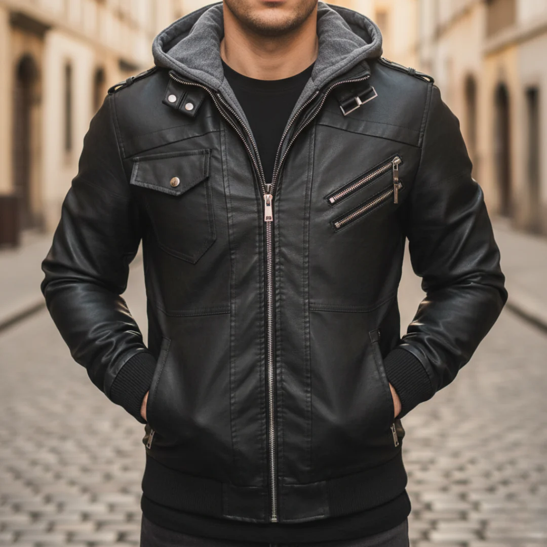 Men's Synthetic Leather Jacket with Hood