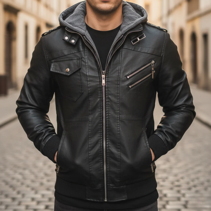 Men's Synthetic Leather Jacket with Hood