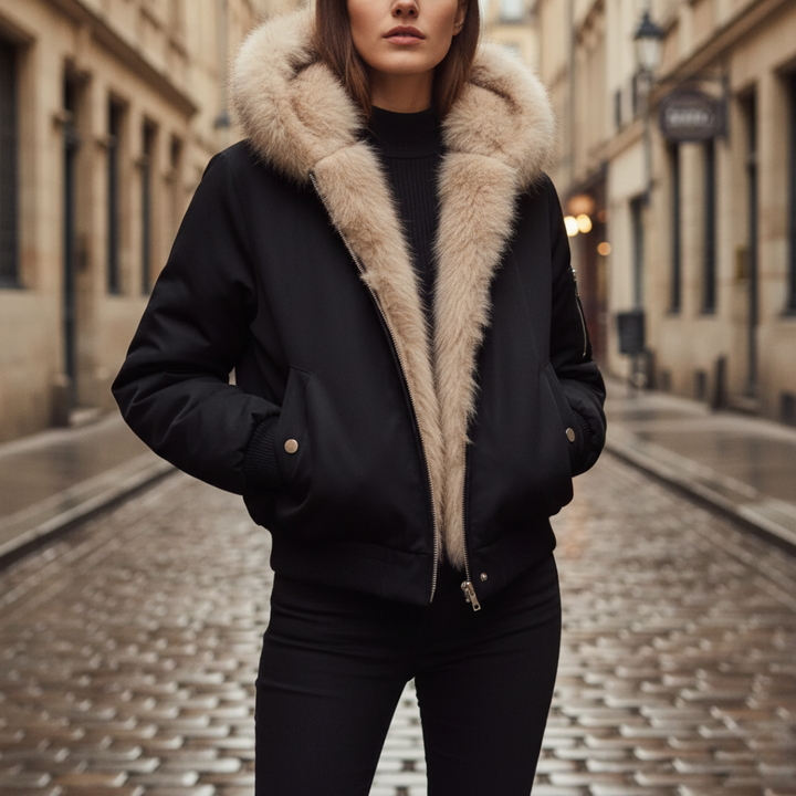 Women's Bomber Jacket with Hood in Fabric