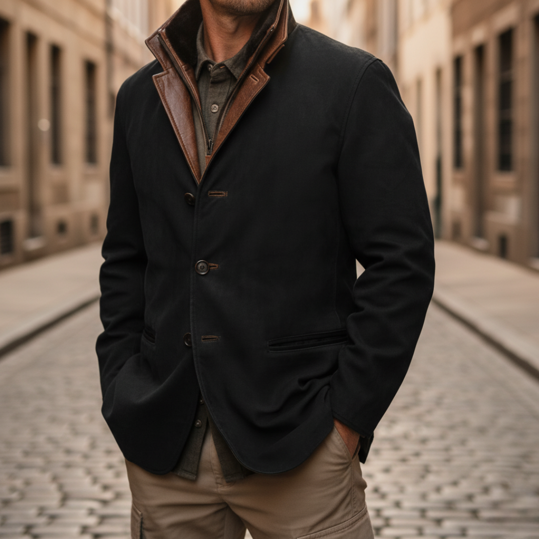 Men's Winter Jacket in Suede with Faux Leather Collar