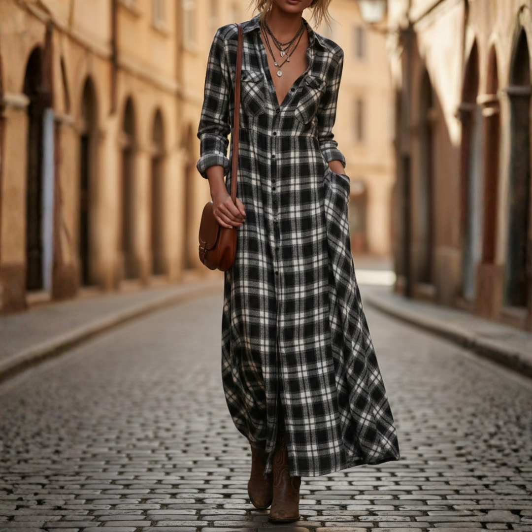 Women's Maxi Plaid Dress with Buttons and Long Sleeves