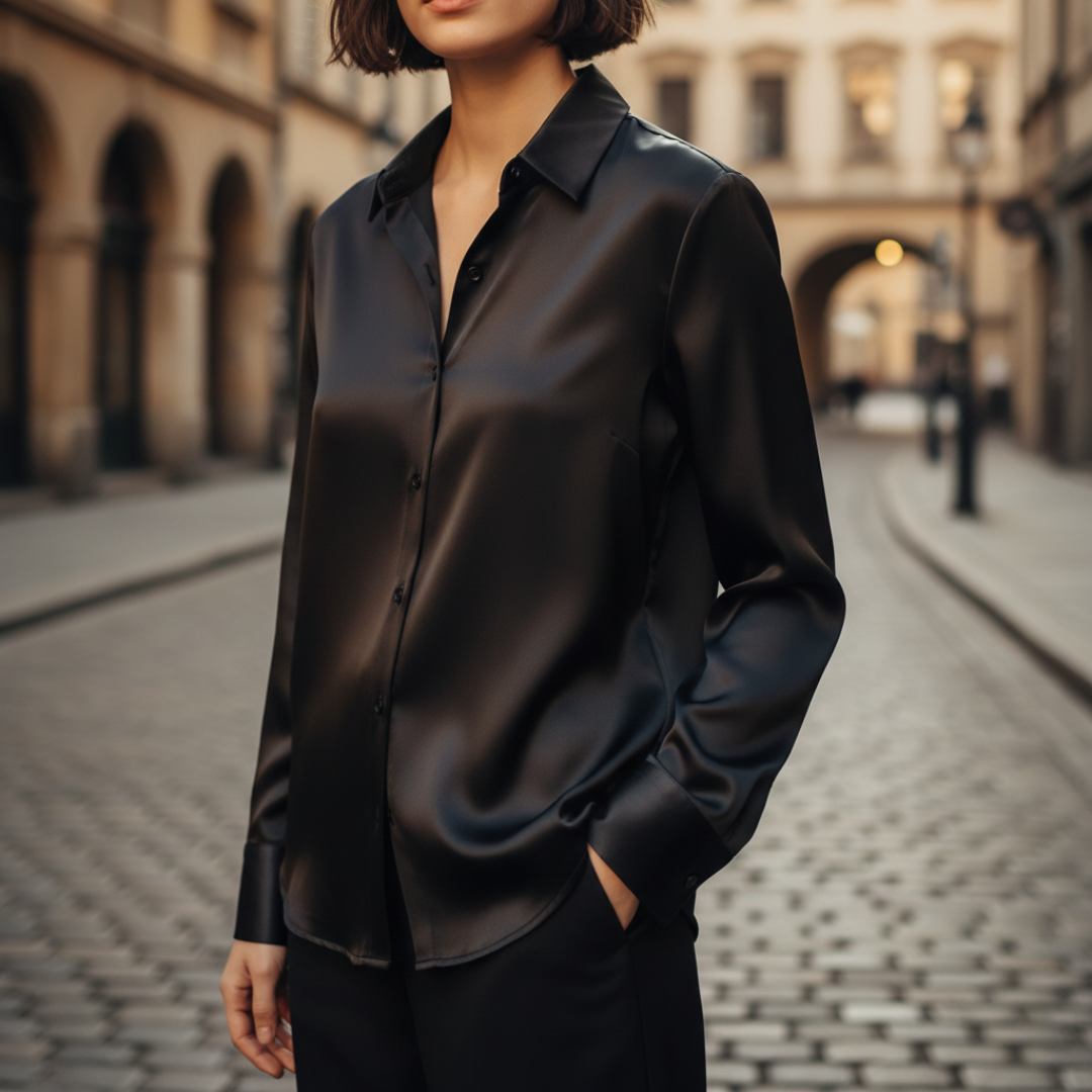 Shiny Satin Button-Up Shirt for Women