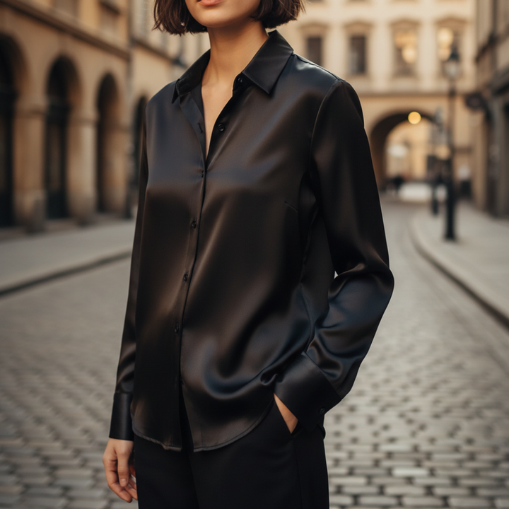 Camicia da donna lucida in raso con bottoni