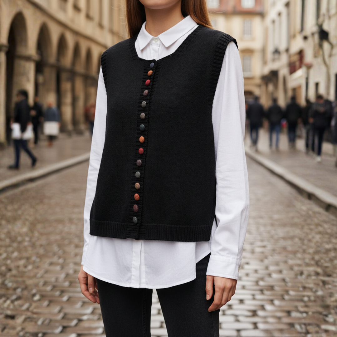 Gilet da donna a maglia in acrilico e lana con bottoni colorati