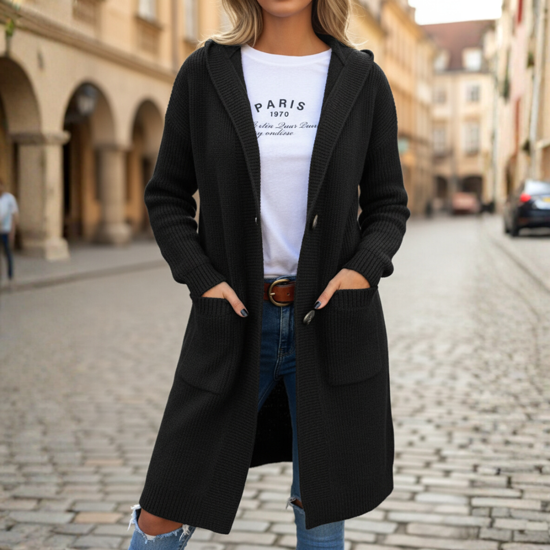 Long Women's Knit Cardigan with Hood