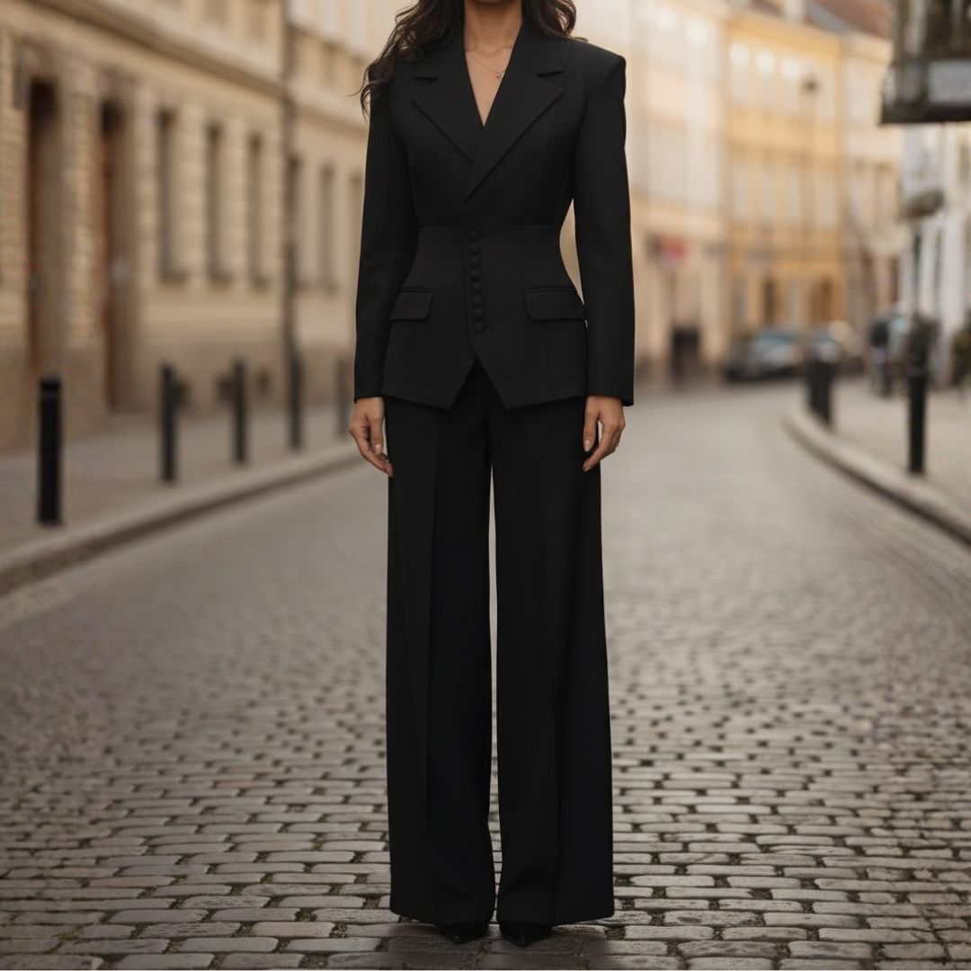 Women's Single-Breasted Blazer and High-Waisted Wide-Leg Pants Set