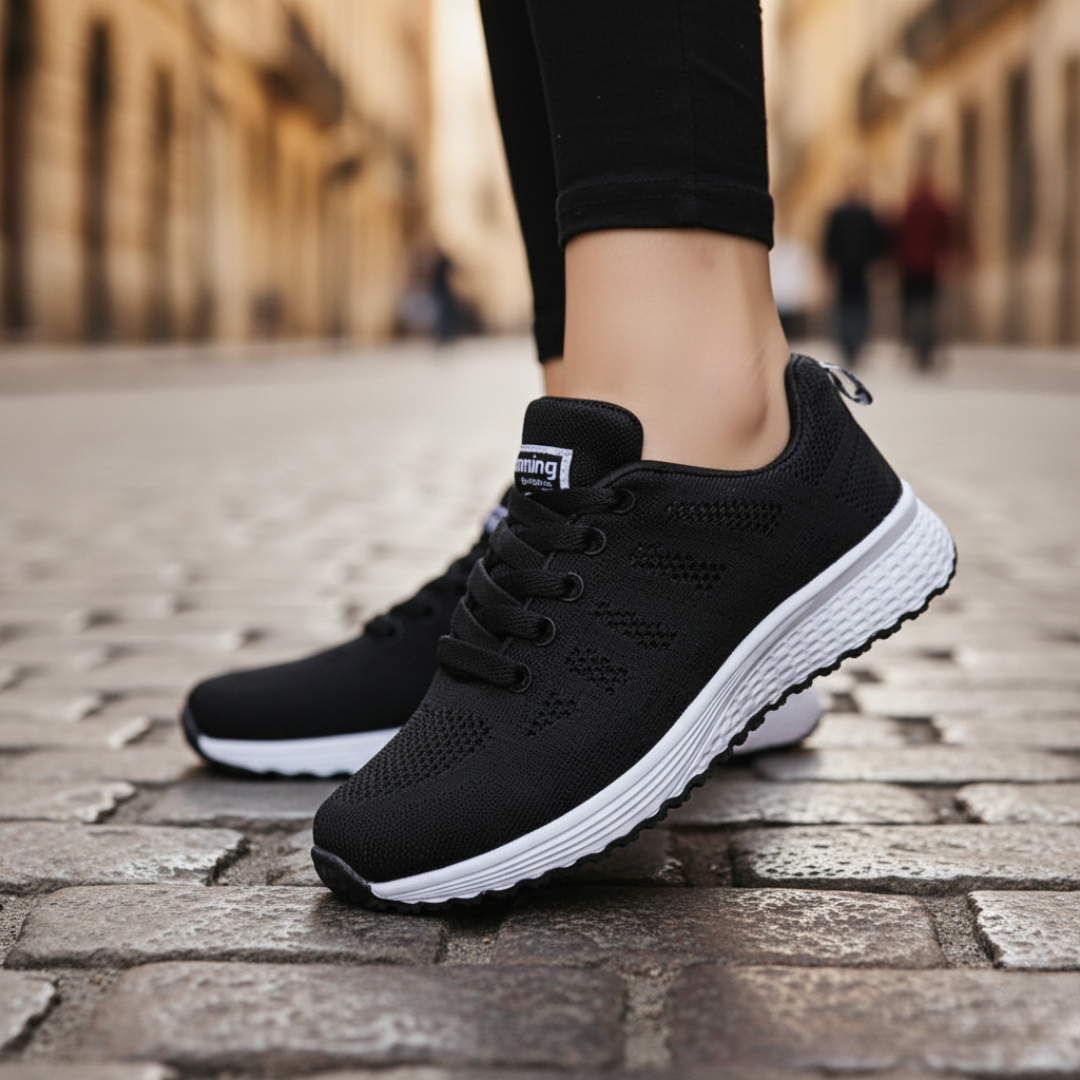 Women's Black Breathable Mesh Running Shoes with White Sole