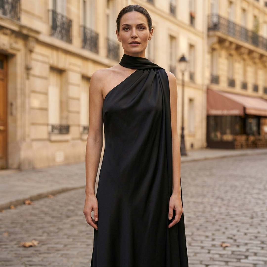 Women's Maxi Dress in Satin with American Neckline