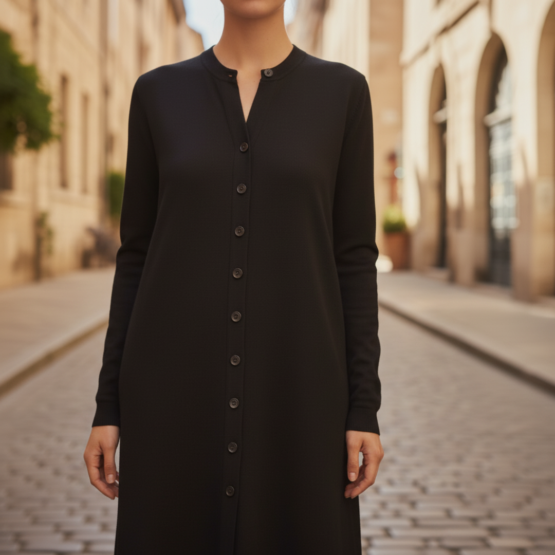 Women's Long Sleeve Maxi Dress in Ribbed Knit with Buttons