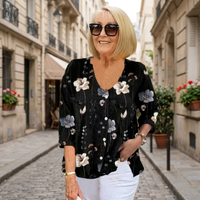 Blusa da donna con stampa floreale, bottoni, scollo a V e maniche a tre quarti