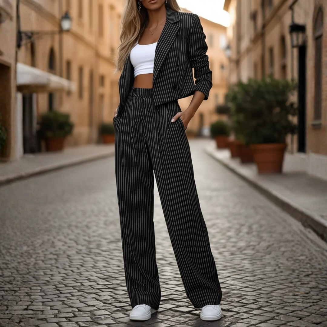 Elegant Women's Black Pinstripe Crop Blazer and Wide Leg Pants Set