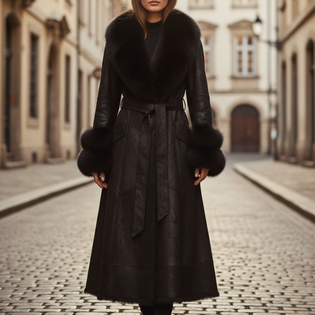 Long Women's Synthetic Leather Coat with Fur Collar