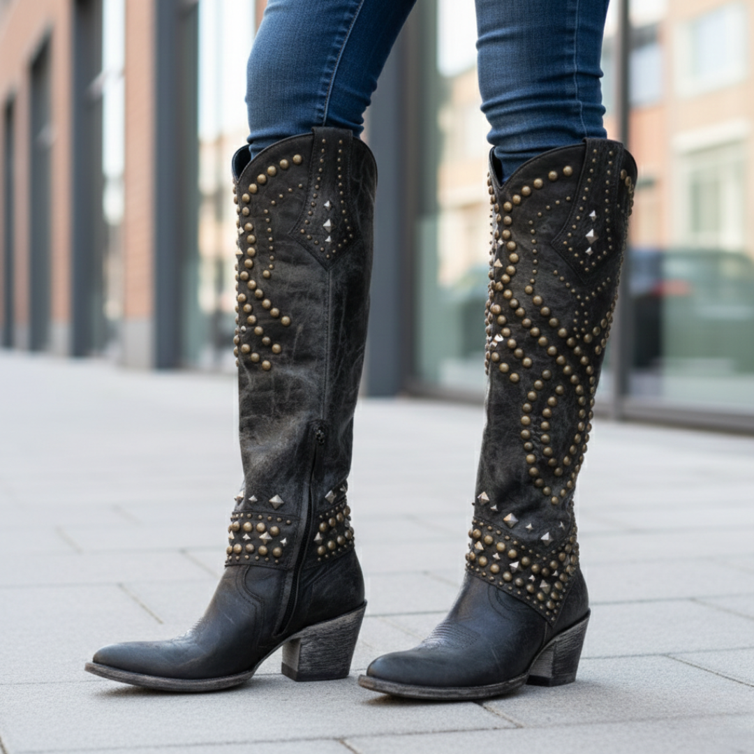 Knee-High Cowboy Boots with Orthopedic Studs for Women