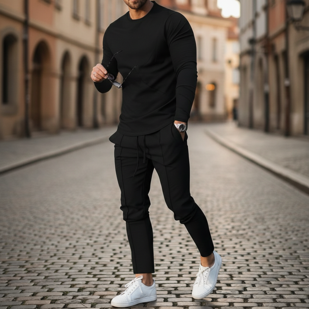 Men's Knit Coordinated Set with Slim Pants and Crew Neck Sweatshirt