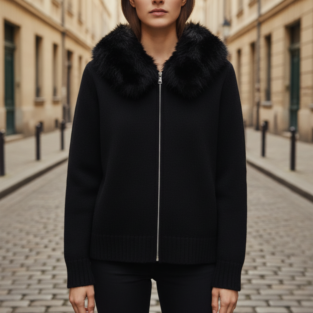 Women's Mixed Fabric Jacket with Synthetic Fur Collar