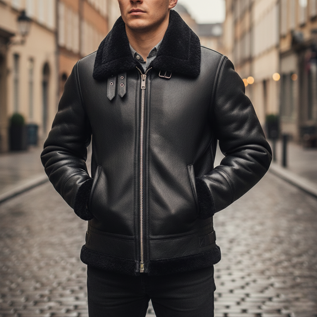 Men's Aviator Jacket Faux Leather with Sherpa Lining