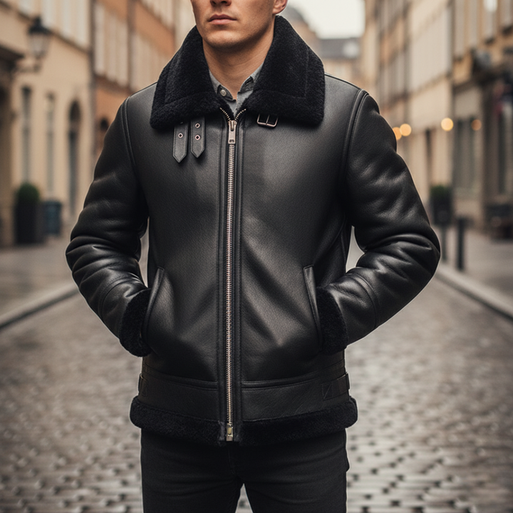 Men's Aviator Jacket Faux Leather with Sherpa Lining