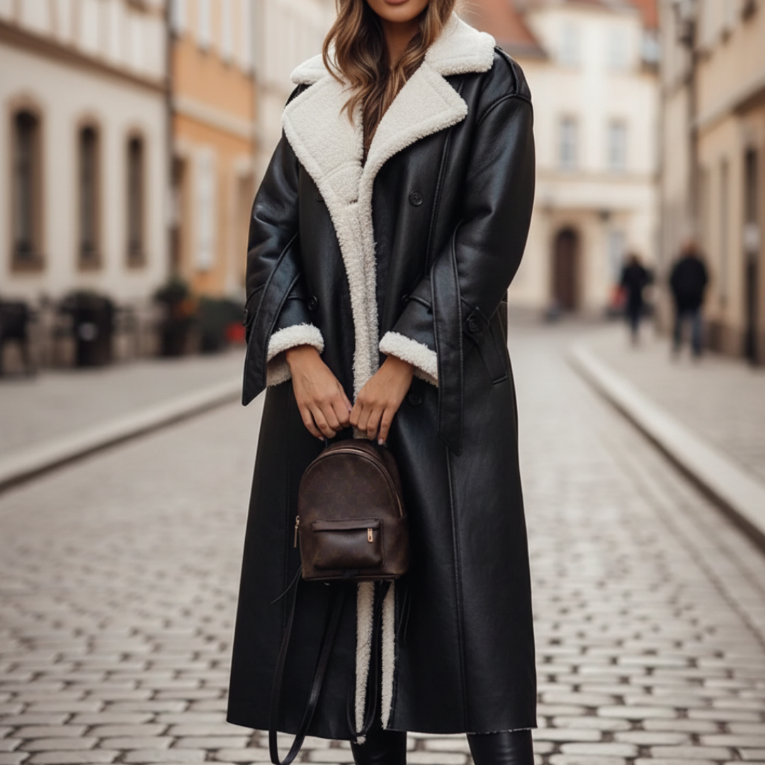 Women's Synthetic Leather Coat with Fur Collar and Buttons