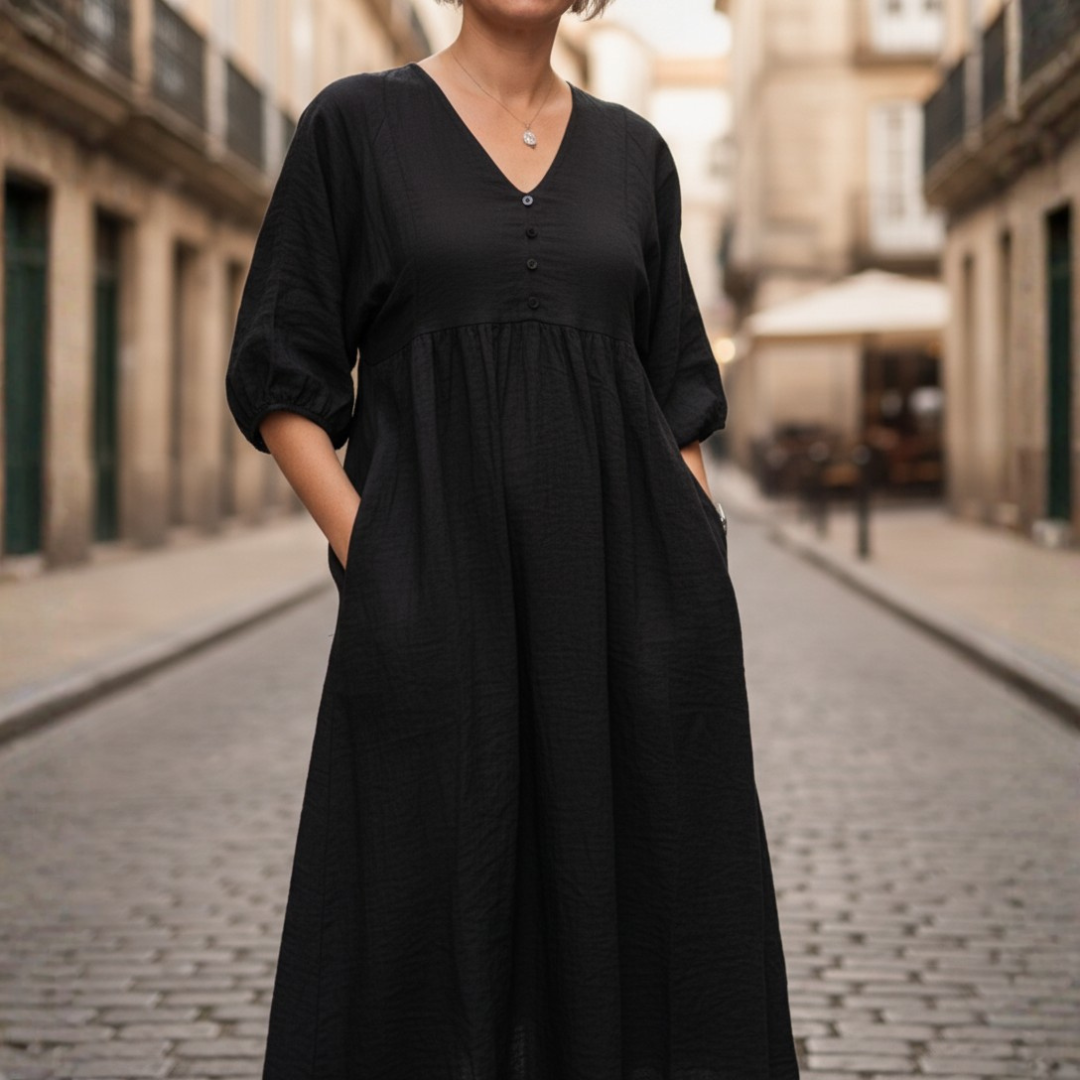 Maxi Dress for Women with V-Neck, Puff Sleeves, Side Pockets, Loose Fit