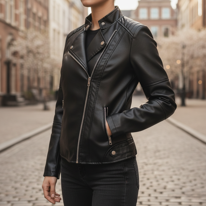Women's Faux Leather Jacket with Front Zip