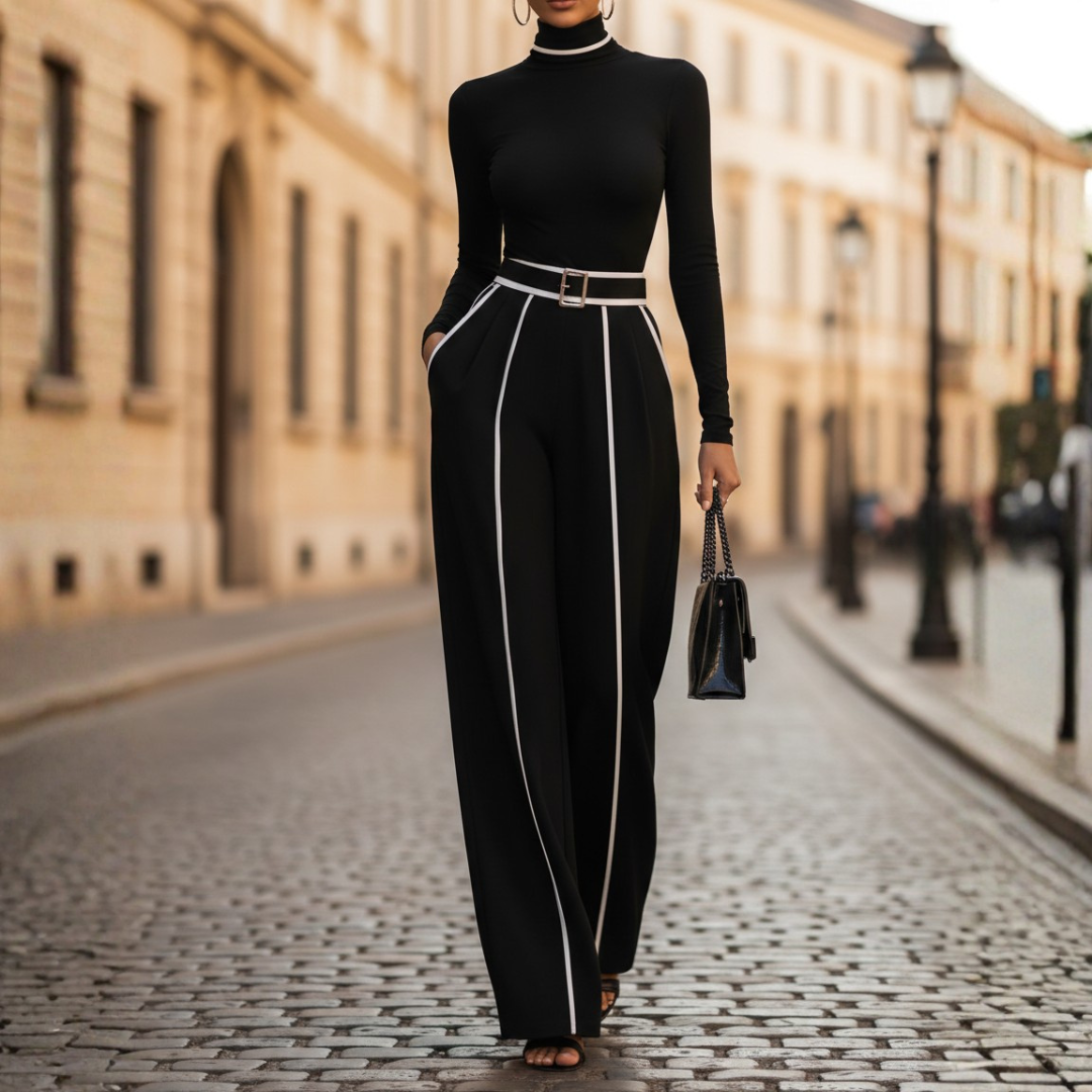 Complete Women's Set with White Accents and Wide-Leg Pants