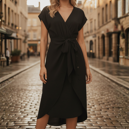 Women's Lightweight Polyester Midi Dress | Elegant V-Neck Wrap Design 1