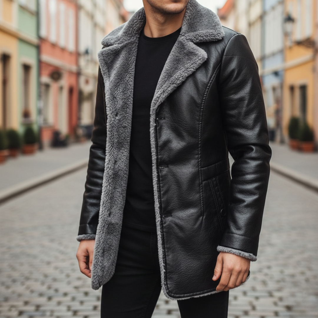 Men's Winter Jacket with Leather Effect Mixed Fabric