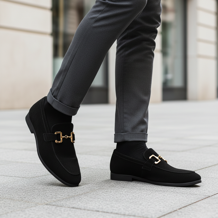 Scarpe slip-on da uomo in tessuto con dettagli dorati