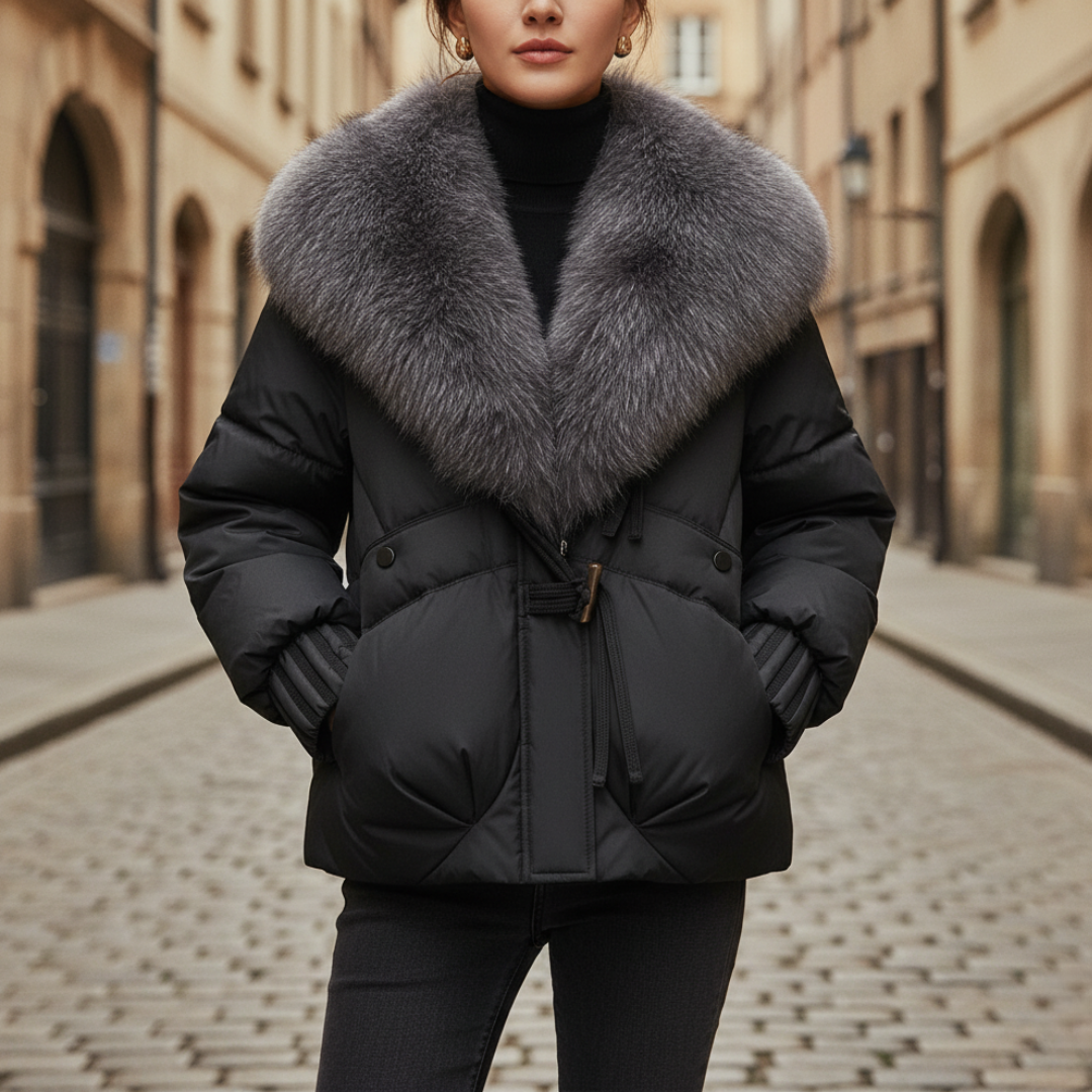 Short Winter Women's Puffer Jacket with Faux Fur Collar