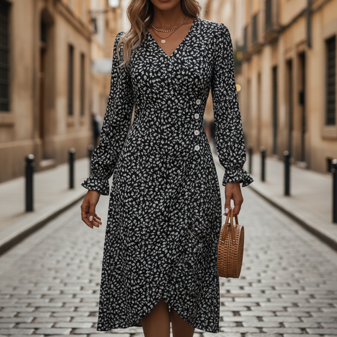 Women's Floral Midi Dress with V-Neck and Long Sleeves