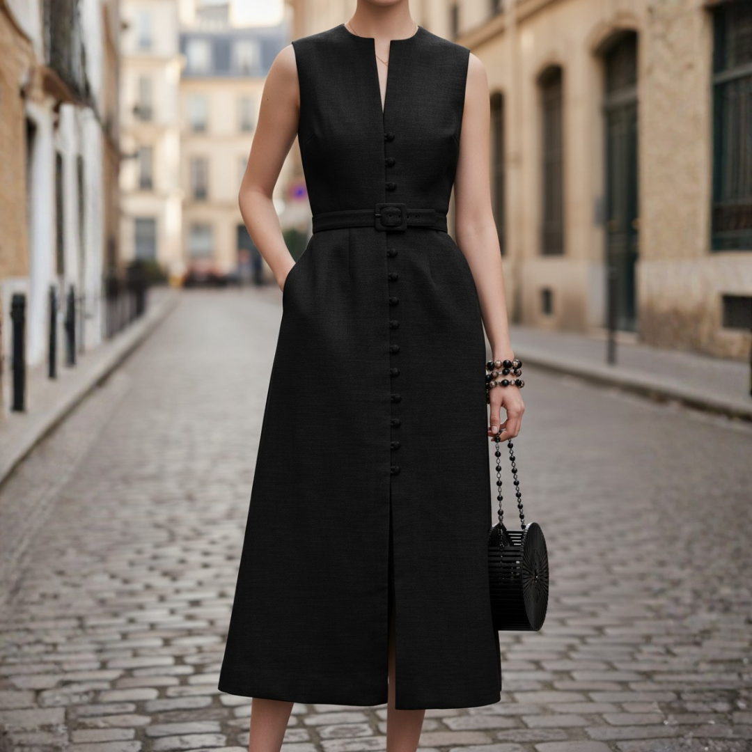Women's Sleeveless Midi Dress with Buttons and Belt